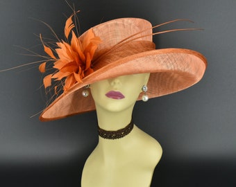 L17 ( Orange Copper hat ) Kentucky Derby hat, Church hat, Wedding hat, Easter hat, Tea Party hat, Royal Ascot hat Med Brim Sinamay Hat