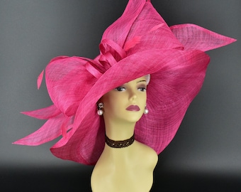 M23157 ( Hot Pink ) Kentucky Derby hat, Church hat, Wedding hat, Tea Party hat, Jumbo Bow & Long Feathers Sinamay Floppy Wide Brim Hat
