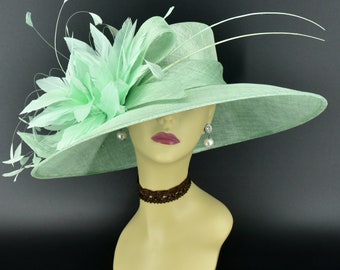 M936( Mint Green hat ) Kentucky Derby hat, Wedding hat, Royal Ascot hat, Mother of bride hat Jumbo Feather Flower Wide Brim Sinamay Hat