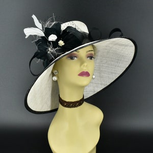 SF65 ( Off-white/Black ) Kentucky Derby hat, Church hat, Wedding hat, Carriage hat, Tea Party hat Two feather flowers Wide Brim Sinamay Hat