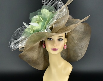 M23157S (Taupe Olive green Ivory)Kentucky Derby hat, Church, Wedding, Tea Party hat, Jumbo Bow & Silk flower Sinamay Floppy Wide Brim Hat