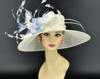 M935(Ivory white light blue light pink hat ) Kentucky Derby hat, Wedding hat, Royal Ascot hat, Jumbo Feather Flower Wide Brim Sinamay Hat