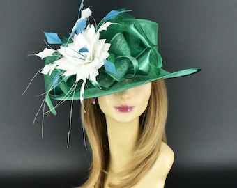 SF044( Green + More colors options )Kentucky Derby, Church, Wedding, Easter, Tea Party, Formal Feather Satin Med Brim Sinamay Hat