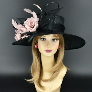 M23012-2( Black/Blush Pink + more options )Kentucky Derby Hat Church Hat Wedding Hat Easter Hat Tea Party Silk Flowers Wide Brim Sinamay Hat