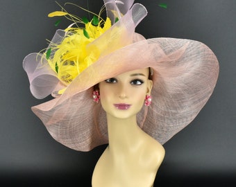 SD20( Pink + multi-colors) Kentucky Derby hat Wedding hat Horse Race Royal Ascot Crin Bow Veil Feather flower Wide Brim Hat