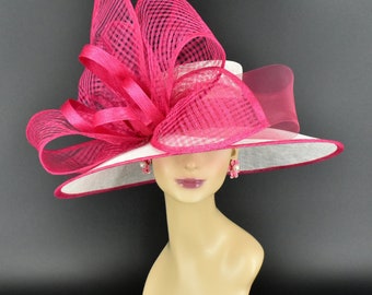 M22021( White Hot Pink/Fuchsia ) Kentucky Derby hat, Wedding hat, Easter hat, Royal Ascot hat, Jumbo Bow Wide Brim Sinamay Hat