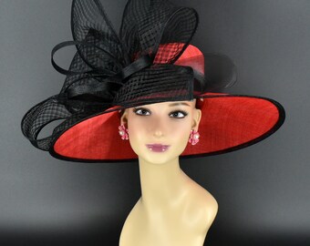 M22021( Red Black ) Kentucky Derby hat, Wedding hat, Easter hat, Royal Ascot hat, Jumbo Bow Wide Brim Sinamay Hat