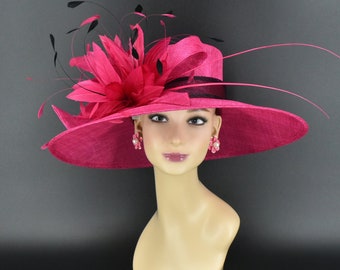 M936( Hot pink black hat )High Quality Kentucky Derby Hat Wedding Easter hat Royal Ascot Wide Brim & feather flower Woman Sinamay Hat