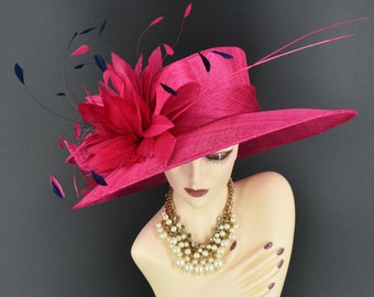 M936( Hot pink navy hat )High Quality Kentucky Derby Hat Wedding Easter hat Royal Ascot Wide Brim & Silk Flower Woman Sinamay Hat