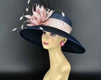 SD17( Navy+ More colors Options )Kentucky Derby Hat Church Hat Wedding Hat Easter Hat Tea Party Hat Wide Brim Sinamay Hat