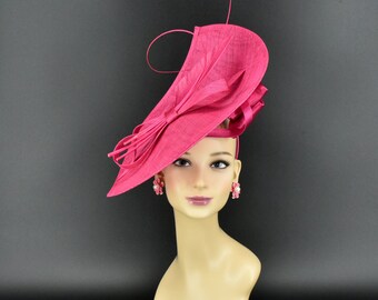 MF173( Hot Pink )Jumbo Kentucky Derby Wedding Easter Tea Party Royal Ascot Sinamay Satin Bow & Quills Headband Large Fascinator