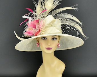 M938(Ivory/pink) Kentucky Derby hat Wedding hat Easter hat Royal Ascot Double Silk Magnolia Flowers Wide Brim Sinamay Hat