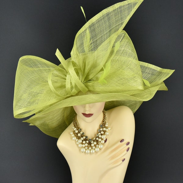 M23157 ( Lime Green ) Kentucky Derby hat, Church hat, Wedding hat, Tea Party hat, Jumbo Bow & Long Feathers Sinamay Floppy Wide Brim Hat