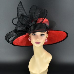 M22021( Red Black ) Kentucky Derby hat, Wedding hat, Easter hat, Royal Ascot hat, Jumbo Bow Wide Brim Sinamay Hat