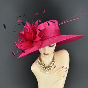 M936( Hot pink navy hat )High Quality Kentucky Derby Hat Wedding Easter hat Royal Ascot Wide Brim & Silk Flower Woman Sinamay Hat