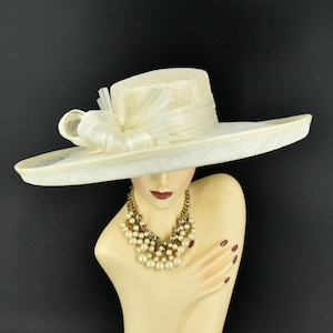 M2431 ( Ivory hat ) Kentucky Derby hat, Church hat, Wedding hat, Easter hat, Royal Ascot hat & Abaca silk bow Wide brim Sinamay hat