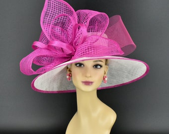 M22021( White Fuchsia ) Kentucky Derby hat, Wedding hat, Easter hat, Royal Ascot hat, Jumbo Bow Wide Brim Sinamay Hat