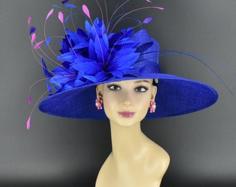 M932 ( Royal blue with multi-color feathers ) Kentucky Derby hat Wedding hat Easter Royal Ascot Double Feather Flowers Wide Brim Sinamay Hat