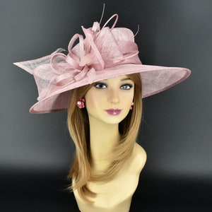 M23012( Blush pink )Kentucky Derby Hat Church Hat Wedding Hat Easter Hat Tea Party Hat & Cure Bow Feathers  Wide Brim Sinamay Hat