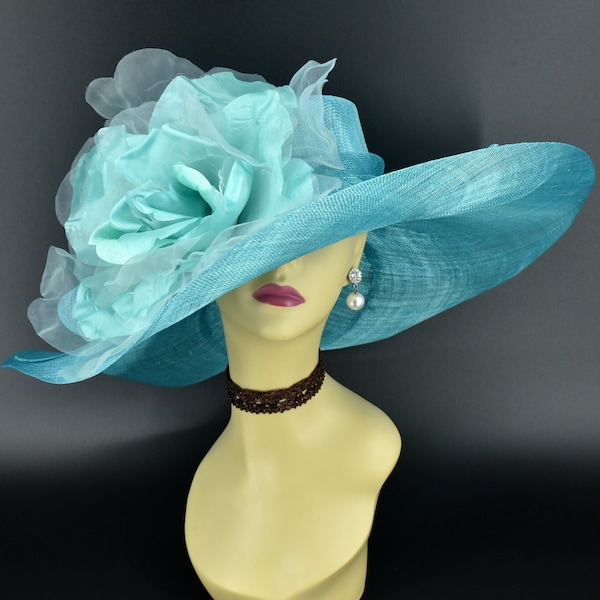 M509 ( Turquoise hat ) Kentucky Derby hat, Church hat, Wedding hat, Tea Party hat Jumbo 22" Silk Flower Floppy Wide Brim Sinamay Hat