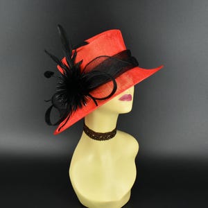SF05( Red/Black ) Kentucky Derby hat, Church hat, Wedding hat, Carriage hat, Tea Party hat with feather flower Small Brim Sinamay Hat