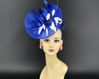 M8123 (Royal Blue/White) Kentucky Derby hat Wedding Hat Easter Tea Party Royal Ascot Sinamay Ribbon Headband Large Fascinator Cocktail