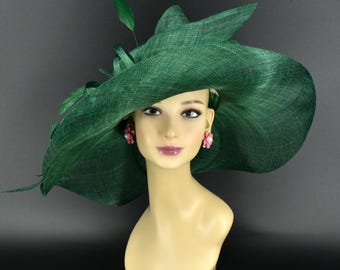 M22019 ( Green hat ) Kentucky Derby hat Church hat Wedding hat Tea Party hat Big Bow & Long Feathers Sinamay Floppy Wide Brim Hat