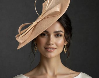 MF173 (Beige) Jumbo Kentucky Derby Mariage Pâques Tea Party Royal Ascot Sinamay & Quills, Plumes, Rubans Bandeau Grand Bibis