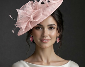MF681 (Tocado rosa rubor) Kentucky Derby, Boda, Pascua, Fiesta del té, Royal Ascot Diadema de sinamay Tocado grande para cóctel
