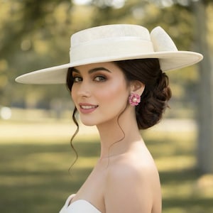M23156 ( Ivory ) Medium Flat-brim Sinamay Fascinator hat for Kentucky Derby hat, Church hat, Wedding hat, Easter hat, Ascot hat