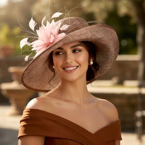 L17 Brown Dusty Pink – Medium-brim Sinamay Hat With Feathers  display picture 2