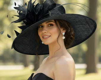 M936( Black hat ) Kentucky Derby hat Wedding hat Easter hat Royal Ascot Jumbo Feather Flower Wide Brim Woman Sinamay Hat