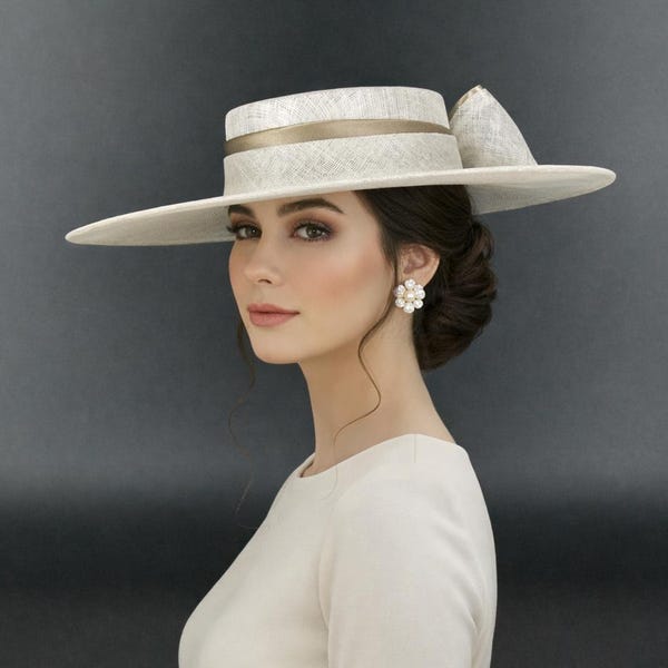 M23156 ( Ivory taupe ) Medium Flat-brim Sinamay Fascinator hat for Kentucky Derby hat, Church hat, Wedding hat, Easter hat, Ascot hat