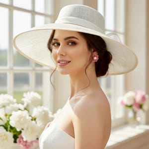 M95( Off-White )Kentucky Derby Hat, Church Hat, Wedding Hat, Easter Hat, Tea Party hat Big Bow Wide Brim Woman's Sinamay Hat