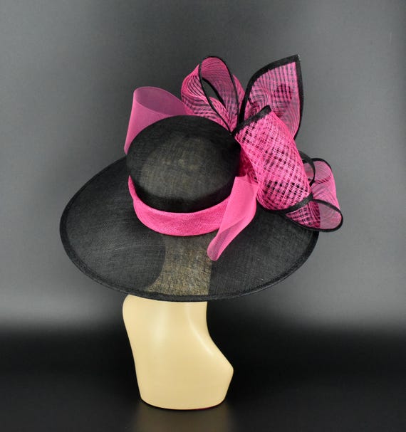 Elegant Pink Hat with Black Lace Bow Handburned Structured Rim Large Black and Hot Pink Kentucky Derby Hat: Wedding Church  main image 3