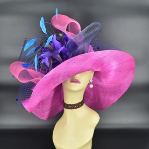 SD20( fuchsia/Navy/Teal/Purple/Sequins) Kentucky Derby hat Wedding hat Horse Race Royal Ascot Crin Bow Veil Feather flower Wide Brim Hat