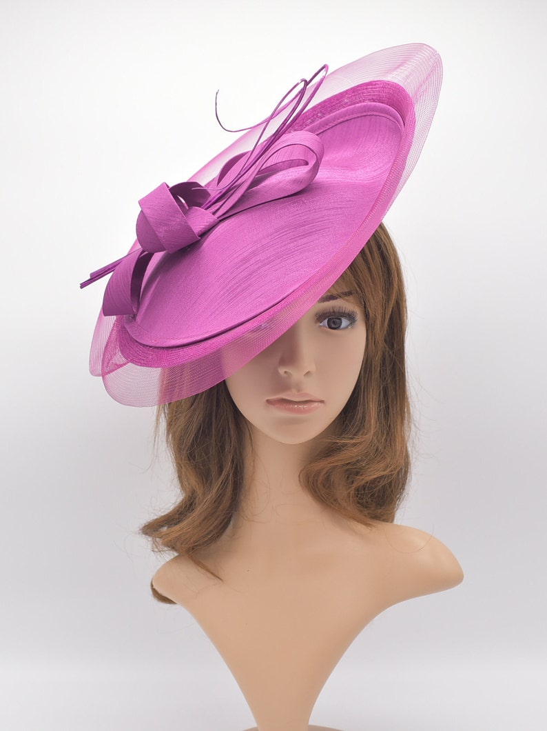 MF908(Fuchsia)Kentucky Derby, Wedding, Easter Tea Party Royal Ascot Sinamay base & Satin Cover Two Quills Headband Large Fascinator shops Cocktail