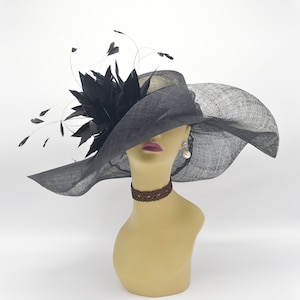 May include: A wide-brimmed hat in black with a large black feather embellishment. The hat is crafted from a fine, woven fabric and has a gently curved brim.
