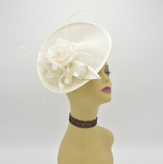 M8184( Ivory )Kentucky Derby, Wedding, Easter, Tea Party, Royal Ascot Sinamay Silk Flowers, Rhinestone, Headband Medium Fascinator Cocktail