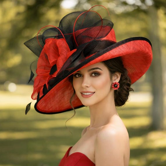 M22020( Red Black Hat)kentucky Derby Hat, Wedding Hat, Royal 