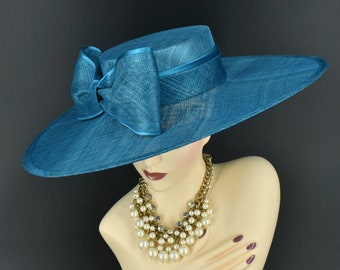 M23155 ( Teal blue ) Wide Flat-brim Sinamay Fascinator hat for Kentucky Derby hat, Church hat, Wedding hat, Easter hat, Royal Ascot hat