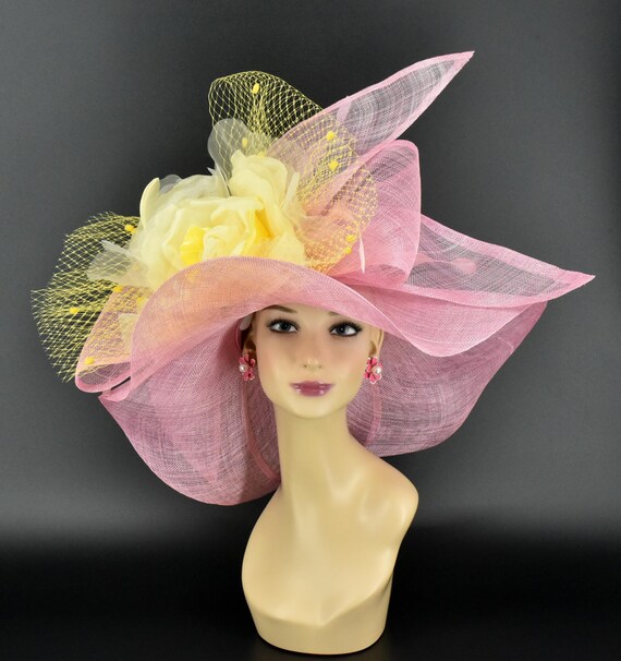 M23157S Rose Pink/yellow Wide-brim Sinamay Hat With Jumbo  display picture 1