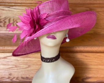 L17 Fuchsia – Medium-Brim Sinamay Hat with Feathers | Kentucky Derby, Weddings, Church, Ascot, Easter & Tea Party Hat