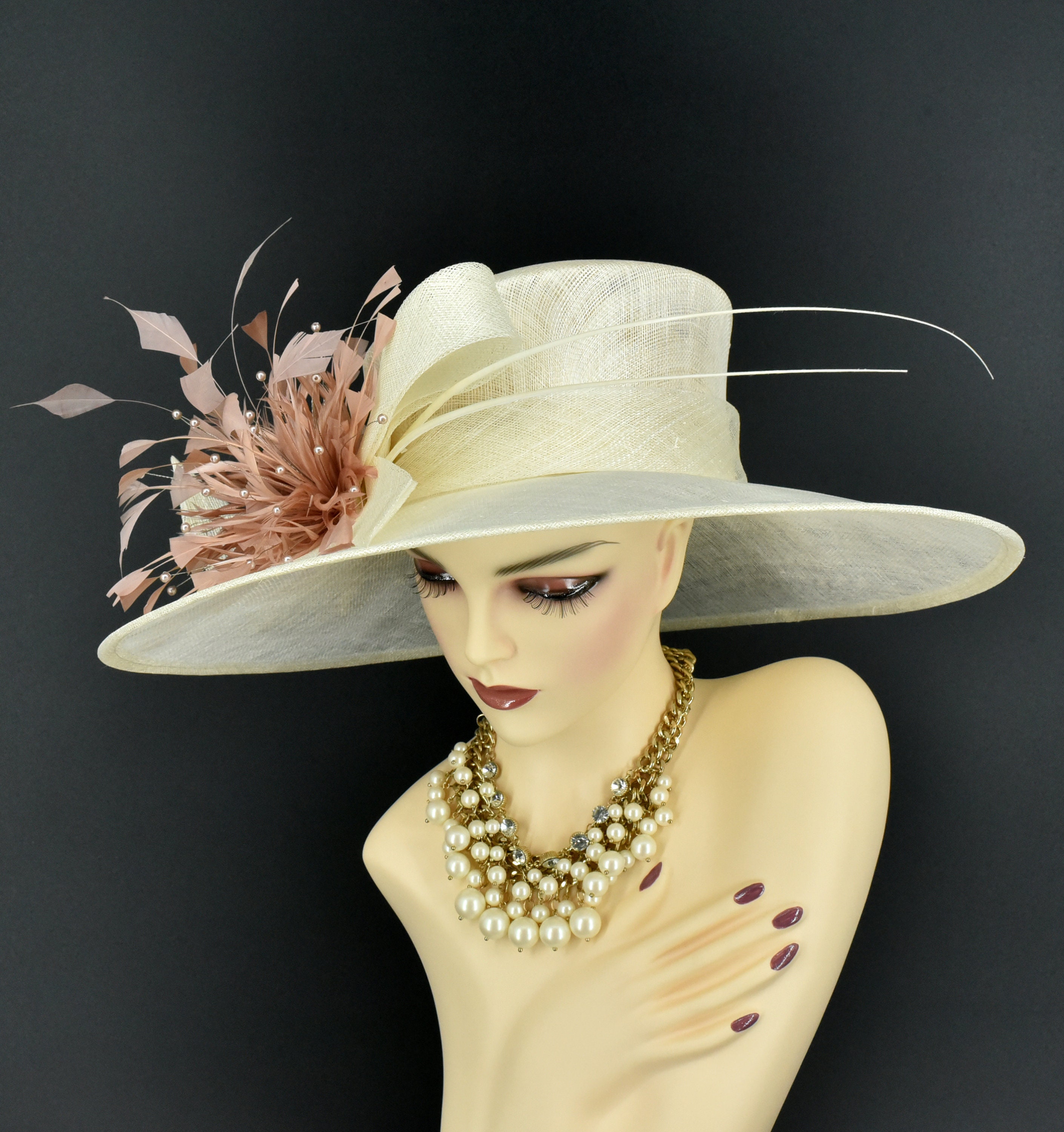 M937( Ivory Blush Pink Hat ) Kentucky Derby Hat Wedding Hat  display picture 1