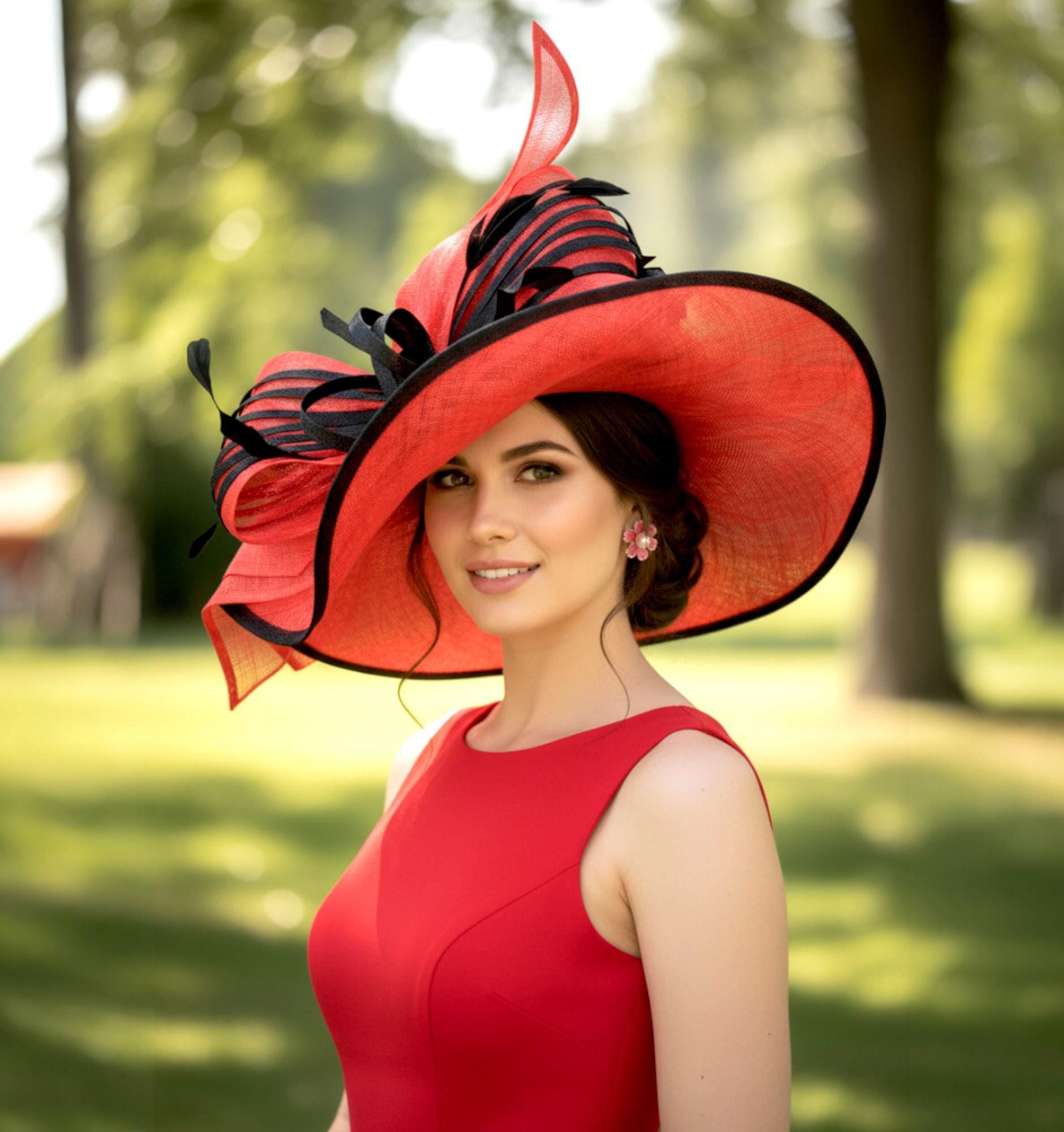 M23157 Red/black Wide-brim Sinamay Hat With Jumbo Bow  display picture 3