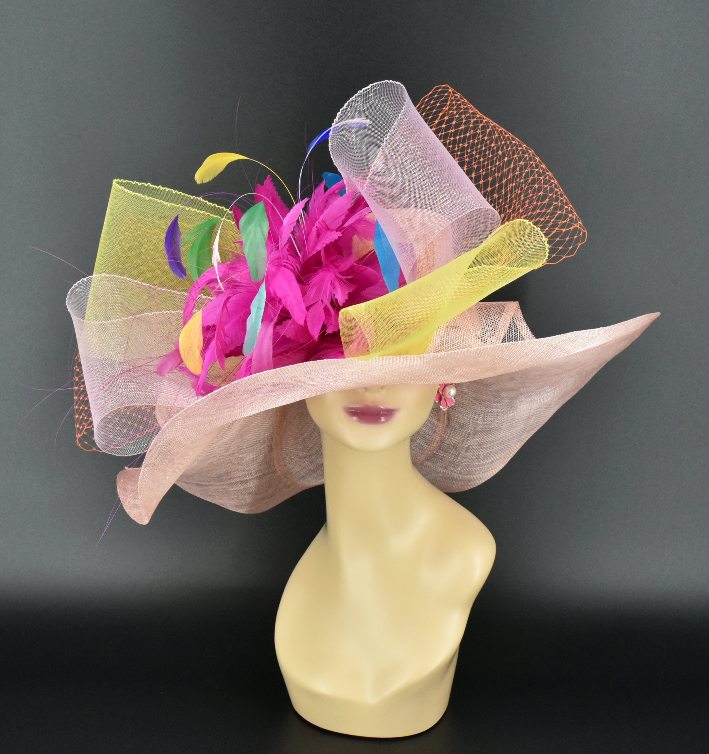 New Kentucky Derby Oaks Yellow Stargazer Pink Lily Wide Brim Boater Sinamay Hat s-l1200.jpg main image 2