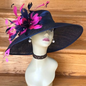SD02( Navy/Fuchsia Pink ) Kentucky Derby Hat, Church Hat, Wedding Hat, Easter Hat Tea Party & Feather flower Wide Brim Sinamay Hat