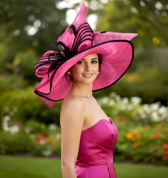 M23157 Hot Pink/black Wide-brim Sinamay Hat With Jumbo Bow  display picture 1