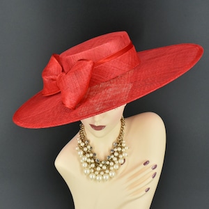 M23155 ( Red ) Wide Flat-brim Sinamay Fascinator hat for Kentucky Derby hat, Church hat, Wedding hat, Easter hat, Royal Ascot hat