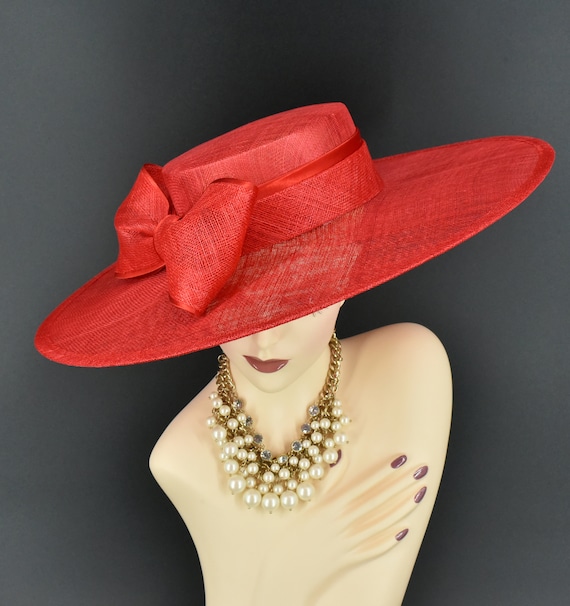 Red Wide Brim Hat Flat Top Church Fashion VTG Layered Lace Bow Derby Fascinator Red Wide Brim Church Hat - Etsy main image 3